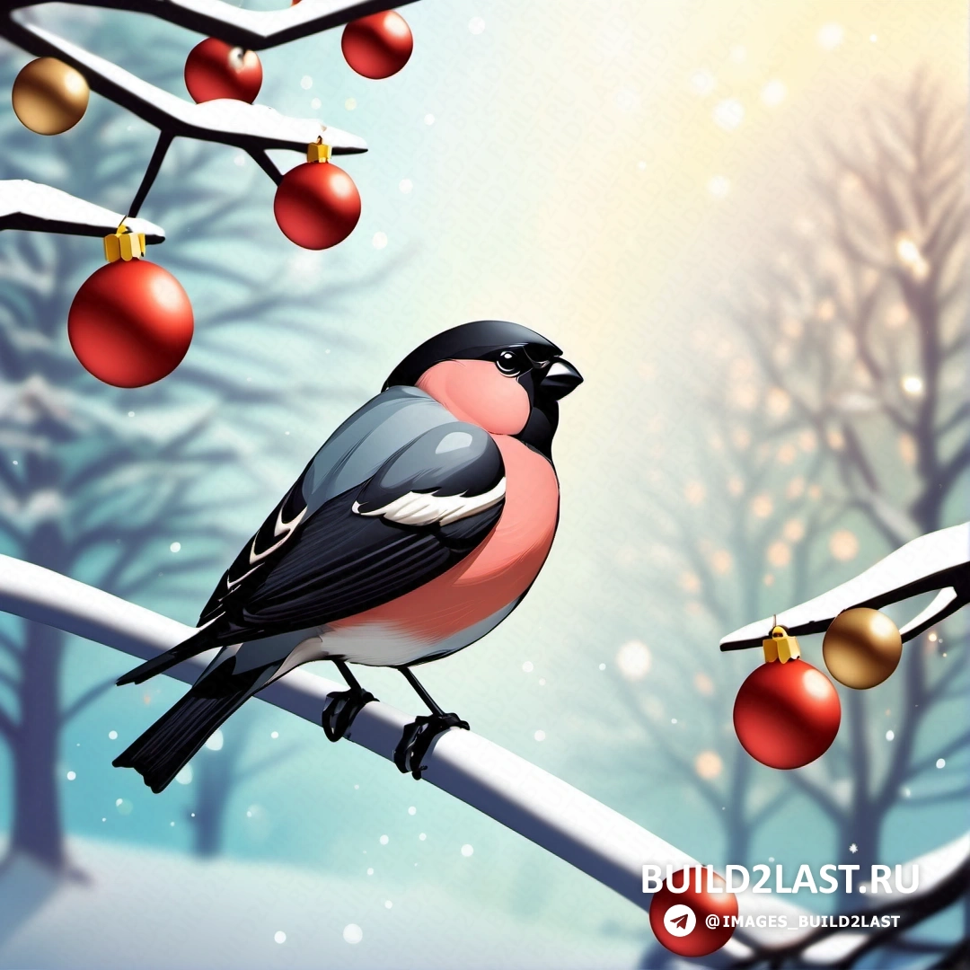птица, на ветке с рождественскими украшениями на ветвях и снежным фоном