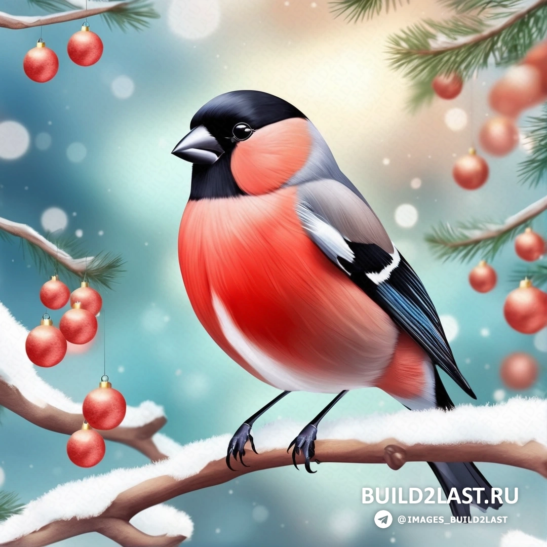 птица, на ветке с рождественскими украшениями на ветвях и голубым небом со снегом