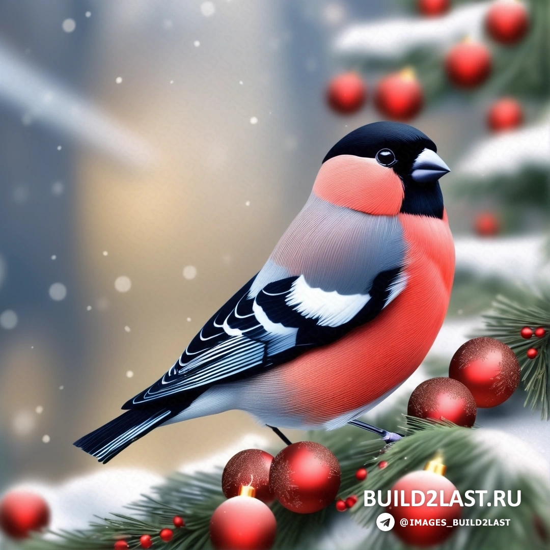 птица, на ветке с рождественскими украшениями и размытым фоном из снега и красных шаров