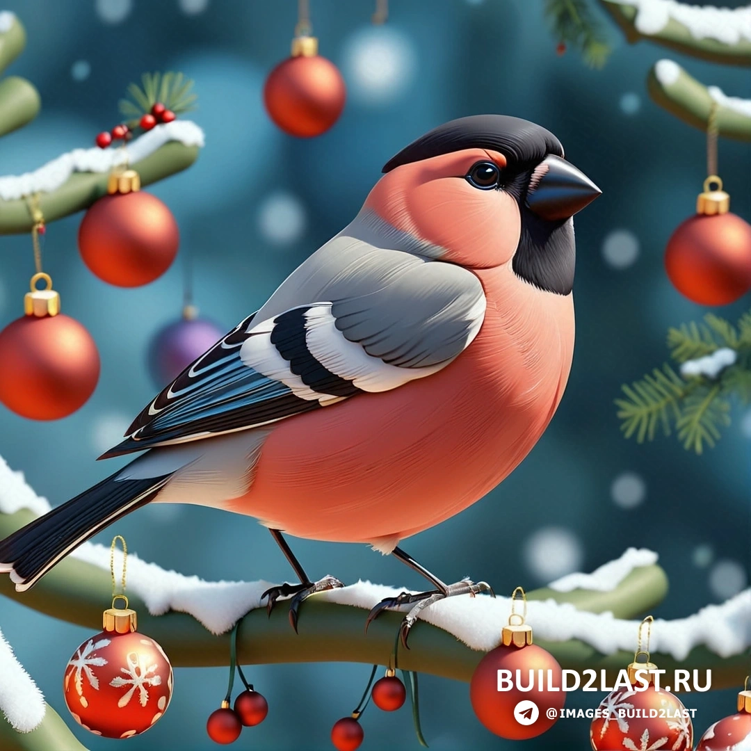 птица, на ветке с украшениями, и рождественская елка со снегом на ветках