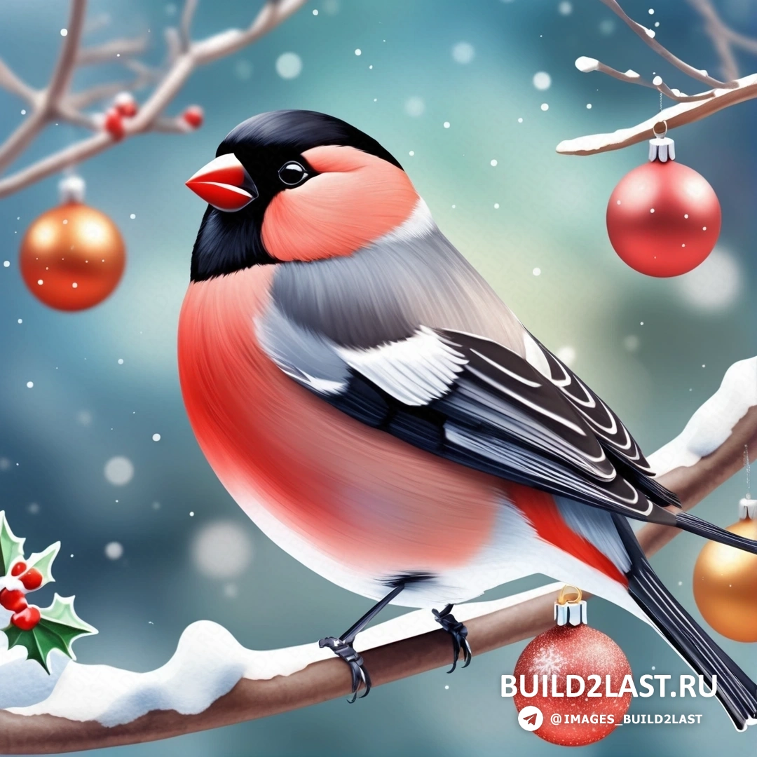 птица, на ветке с украшениями, и рождественская елка со снегом