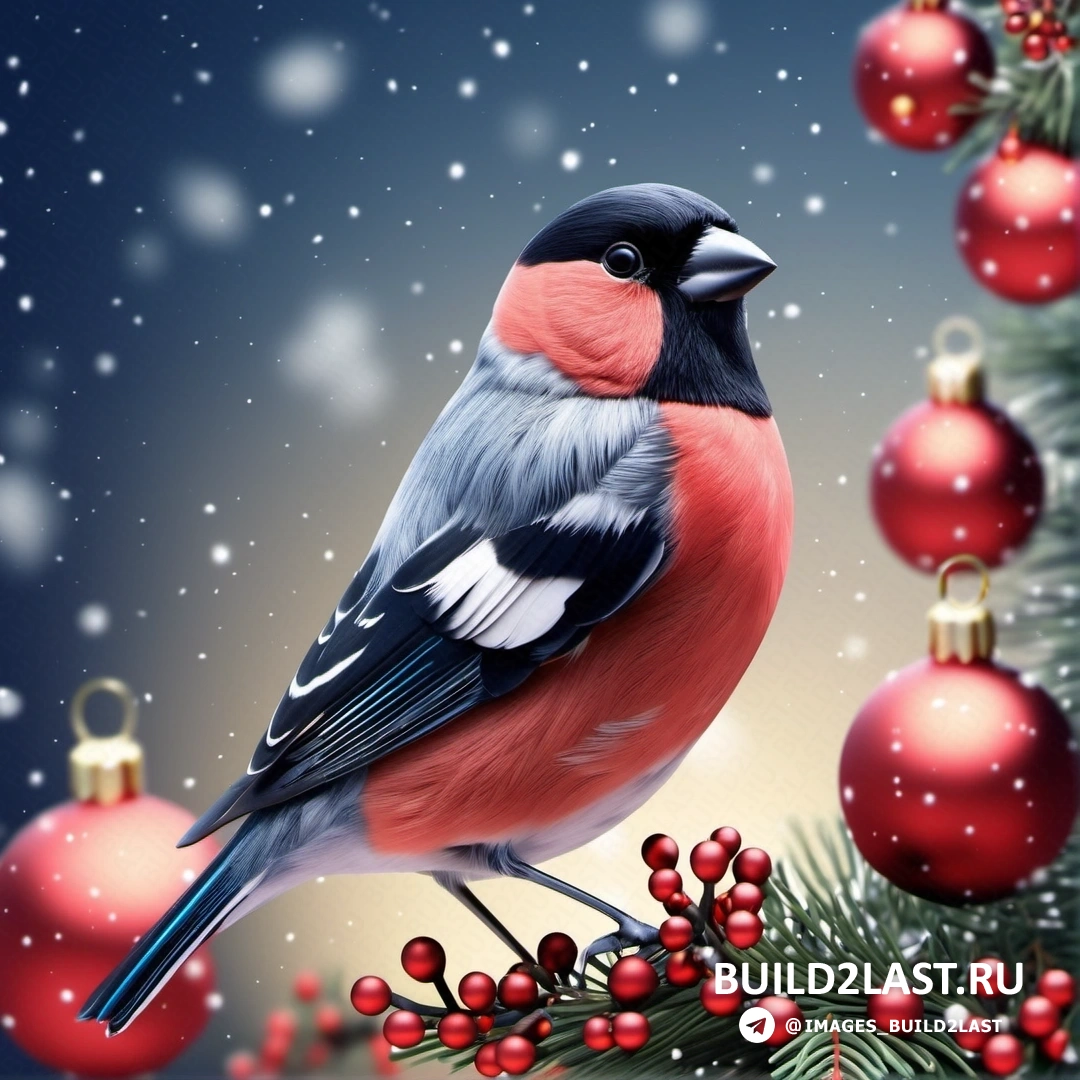 птица, на ветке с украшениями, и рождественская елка с падающим снегом