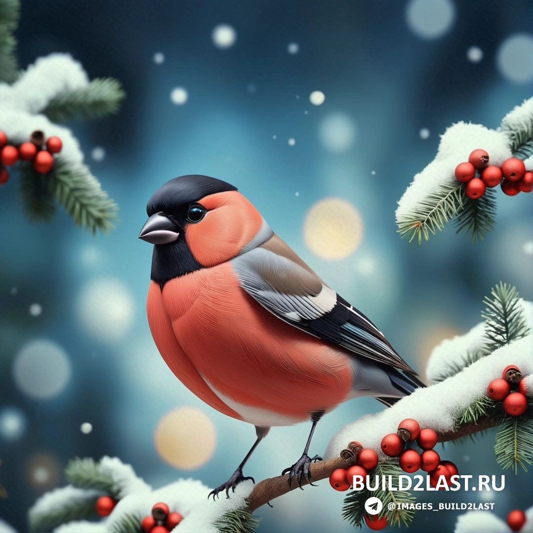 птица, на ветке с ягодами и сосновыми шишками на ветвях в снегу на синем фоне