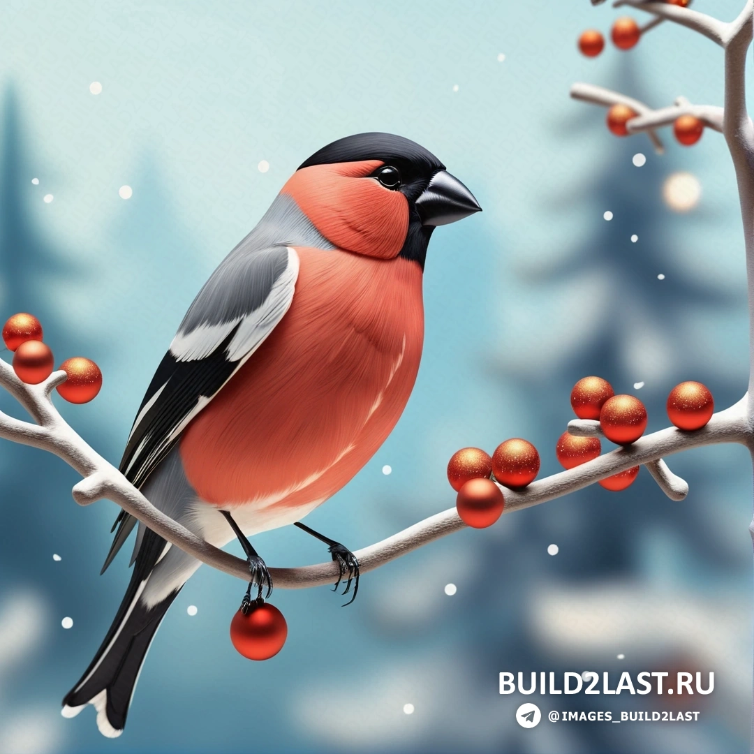 птица, на ветке с ягодами на ветках и заснеженным фоном с деревьями и снегом