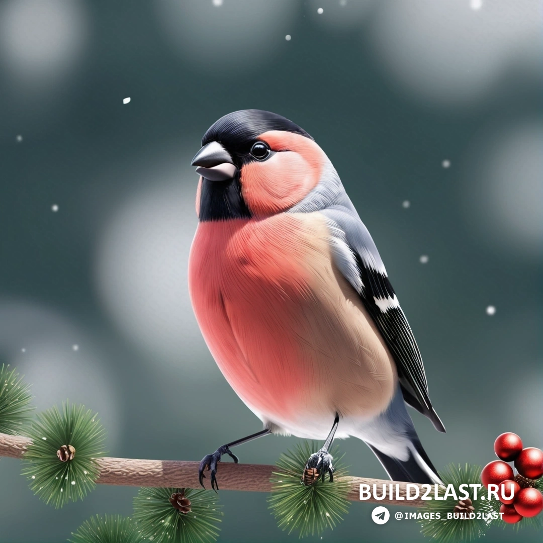 птица, на ветке с ягодами и фоном неба со снегом и звездами