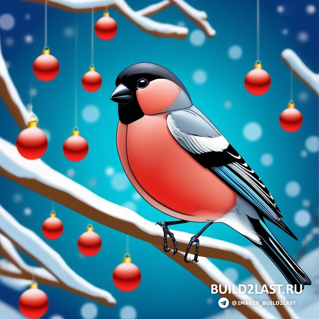 птица, на ветке со свисающими с ветвей украшениями и синим фоном со снегом