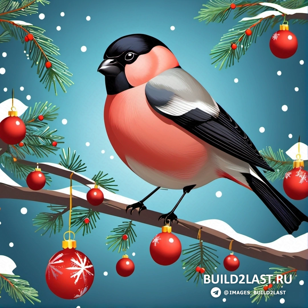 птица, на ветке со свисающими с ветвей украшениями и синим фоном со снегом