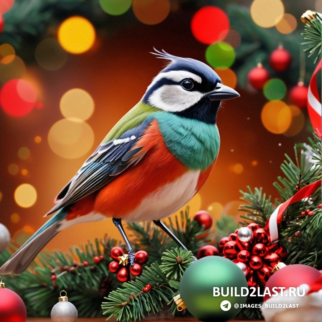 птица, на ветке в окружении рождественских украшений, безделушек и огней