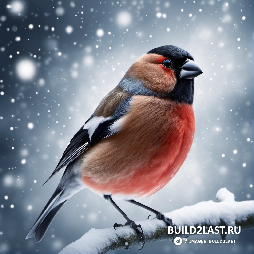 птица, на ветке в снегу, на поверхность которой падает снег, а за ней голубое небо