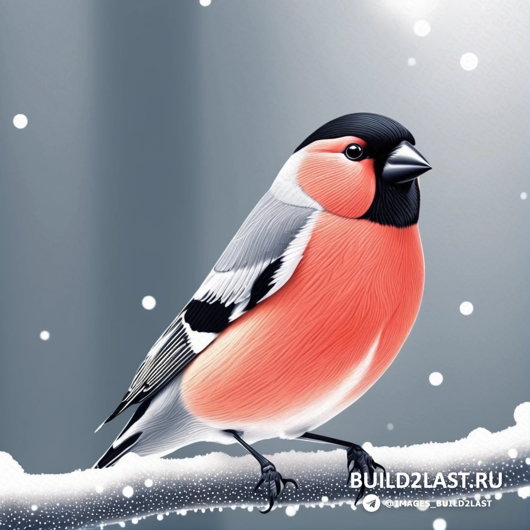 птица, на ветке в снегу, падает снег и свет, сияющий на земле