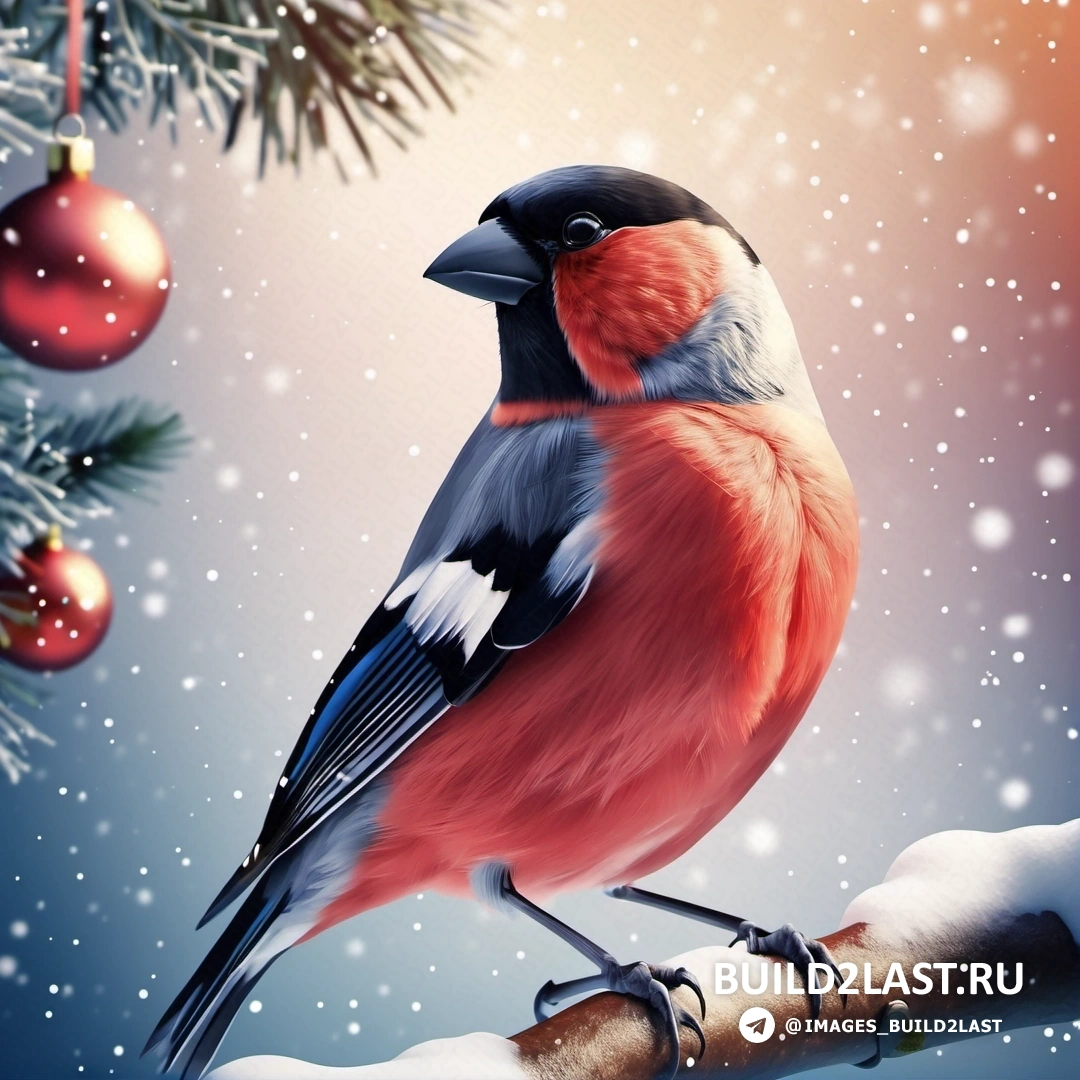 птица, на ветке в снегу с рождественским шаром и ветка сосны