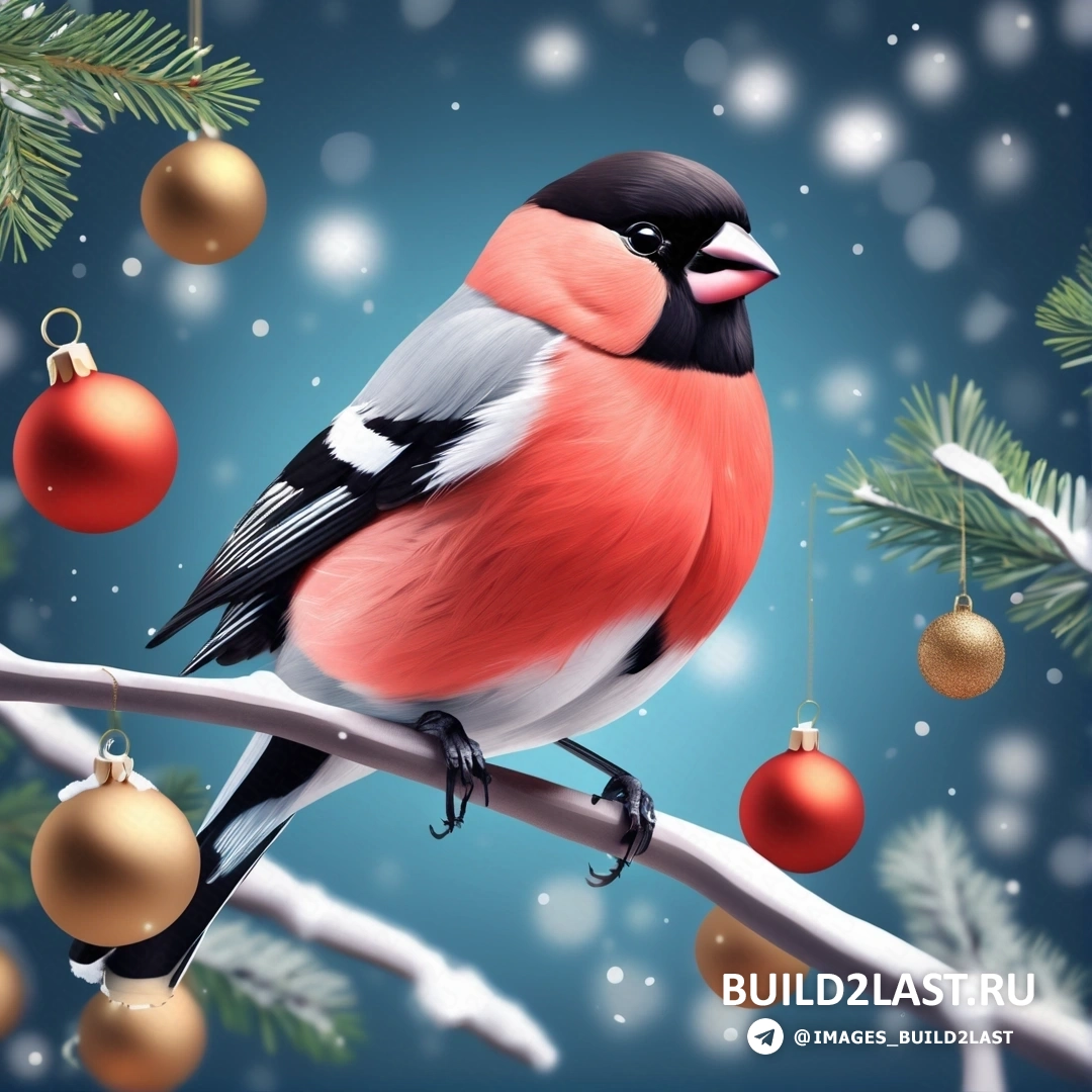 птица, на ветке, с свисающими украшениями и синим фоном со снегом