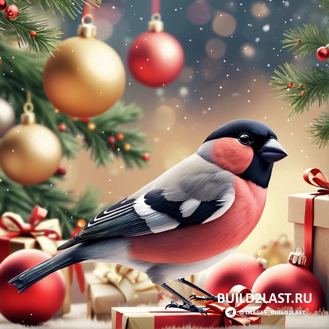 птица на подарке рядом с рождественской елкой