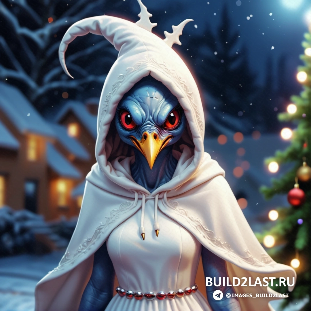 птица, одетая в белое платье и белый плащ с капюшоном на голове и рождественской елкой