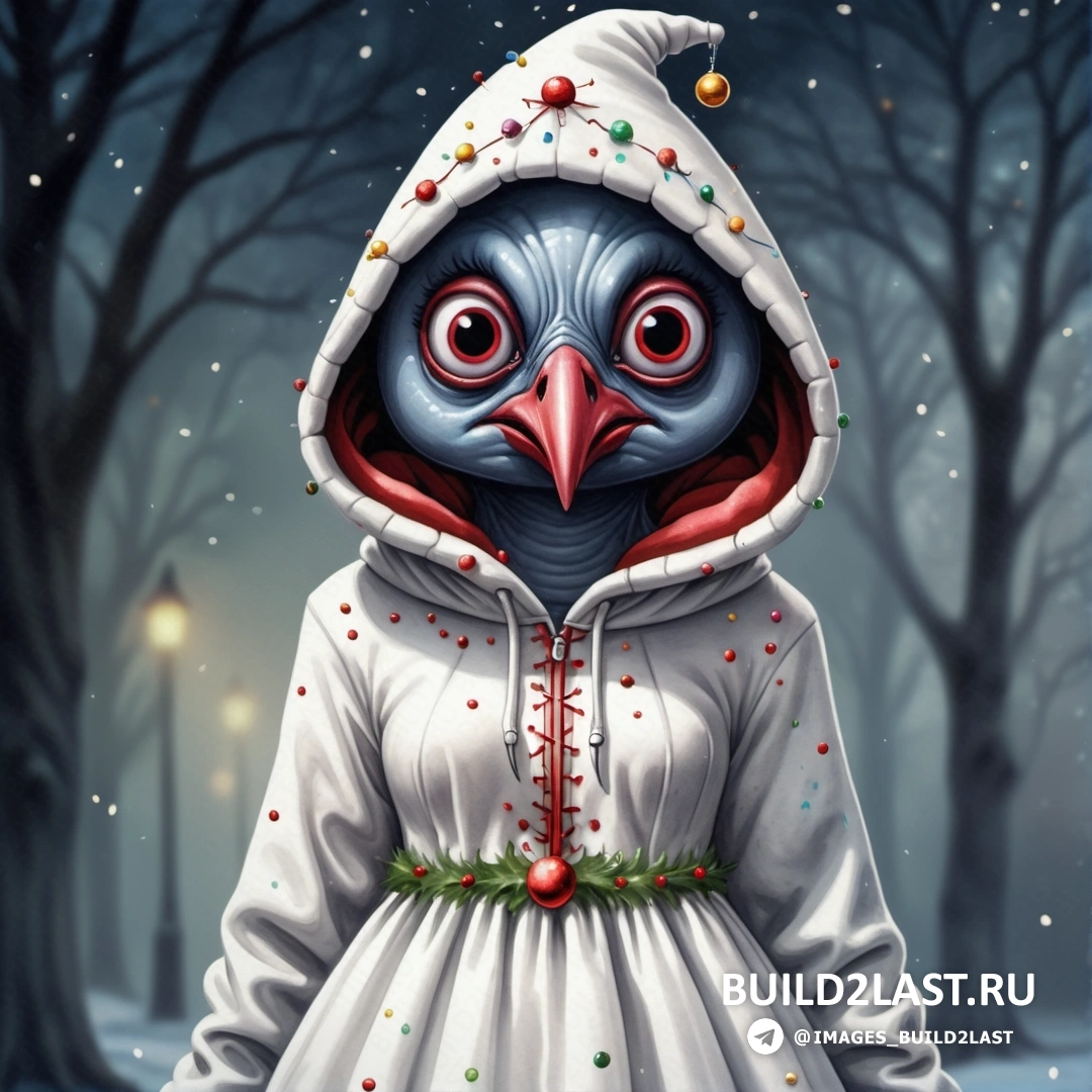птица, одетая в белое платье и толстовку с красным носом и глазами, стоит в заснеженном лесу