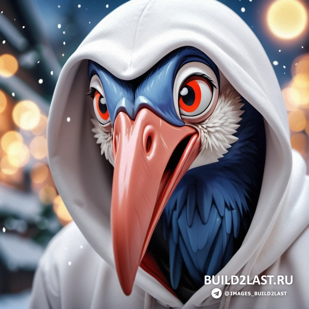 птица с капюшоном, красными глазами и синим клювом в белой толстовке