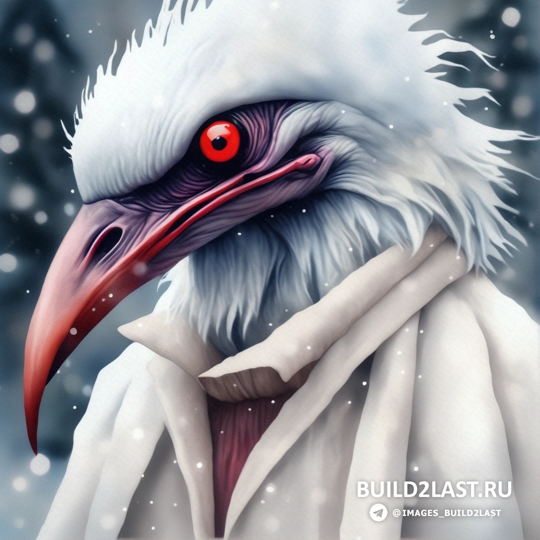 птица с красным глазом и белым пальто на голове и шее стоит на снегу