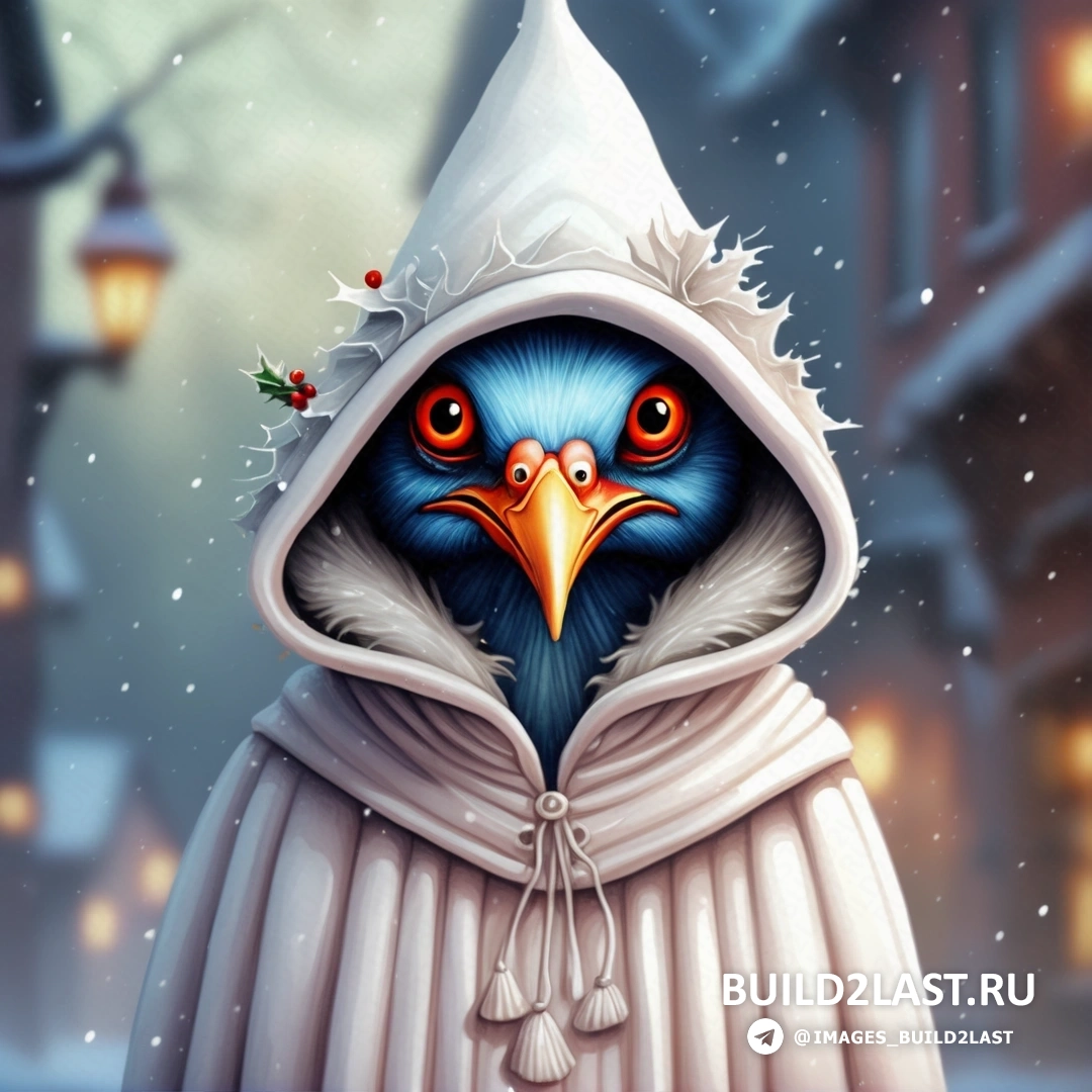 птица в куртке с капюшоном, с рождественским украшением на голове, красным носом и глазами, на снежном фоне
