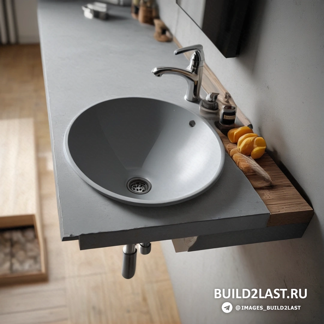 Фотореализм - 3D-рендер. Раковина в ванной с деревянной полкой над ней и зеркалом над ней с зеркалом над ней и вешалкой для полотенец над ней