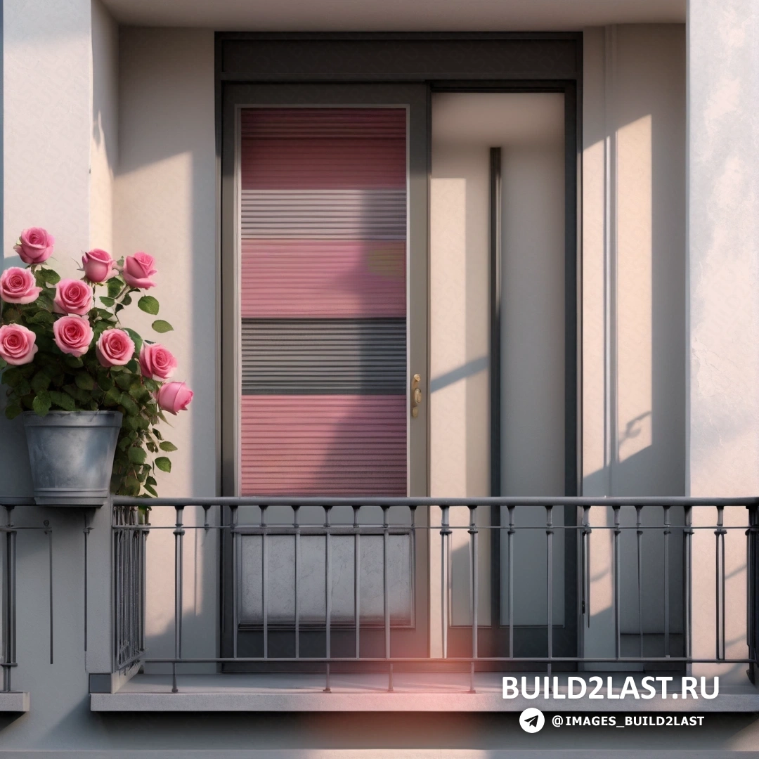 Фотореализм - 3D визуализация. Растение в горшке с розовыми розами на балконе с дверью и окном с жалюзи на нем