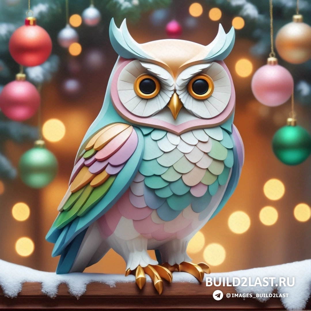 разноцветная сова, на ветке с рождественскими украшениями и рождественской елкой 