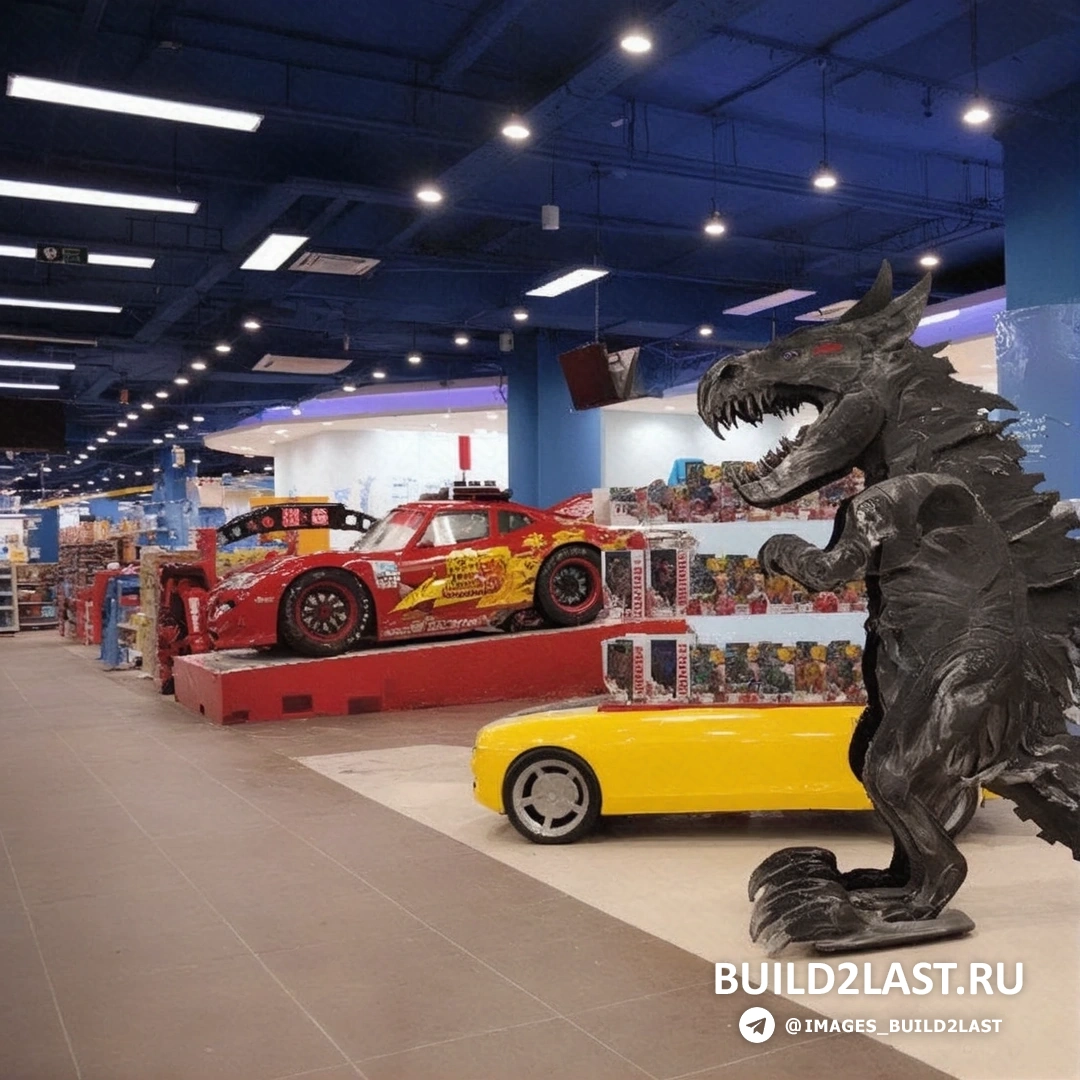 Самый крупный магазин детских игрушек в Москве с современным и ярким интерьером, предлагающий разнообразие товаров. Разноцветные детские игрушки в торговом зале магазина.