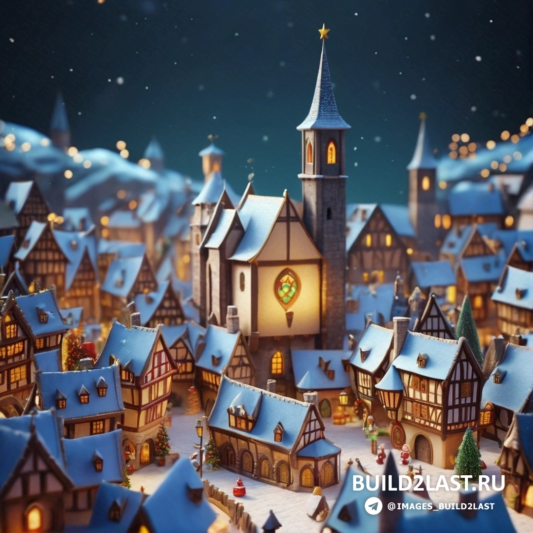 рождественская деревня с башней с часами и множеством домов и большим количеством снега на земле