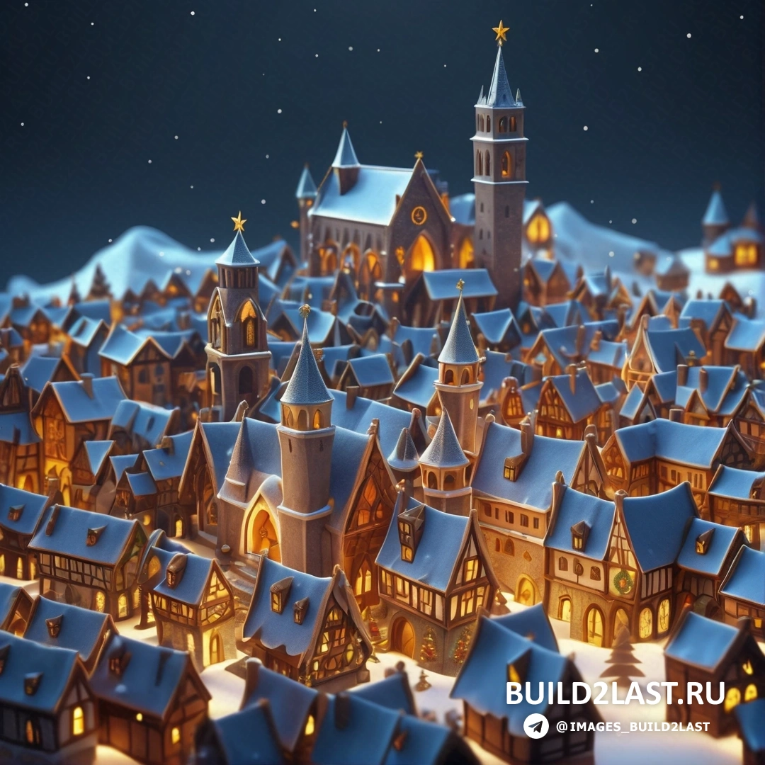 рождественская деревня с множеством домиков и огнями на крыше и снегом на земле