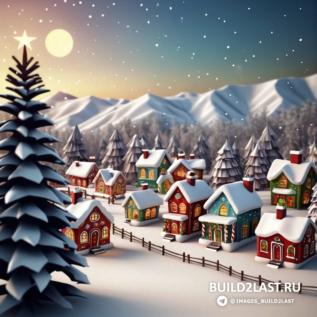 рождественская деревня с заснеженной елкой и полной луной в небе
