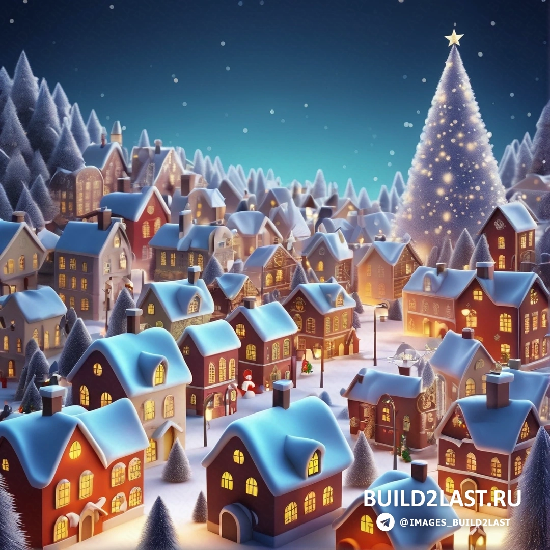 рождественская деревня с освещенной елкой и множеством домов и деревьев со снегом 