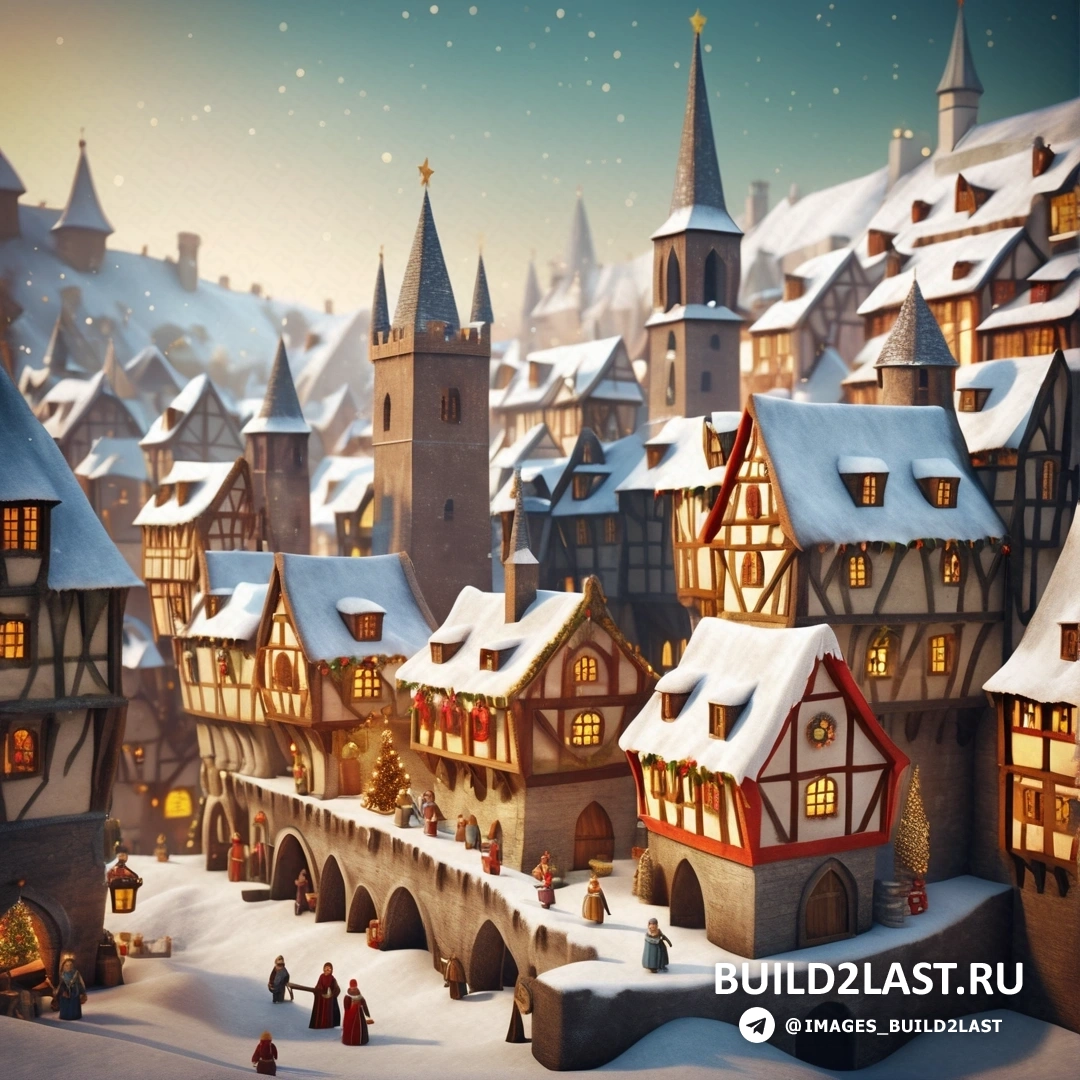рождественская деревня с большим количеством снега на земле и гуляющими людьми и множеством зданий