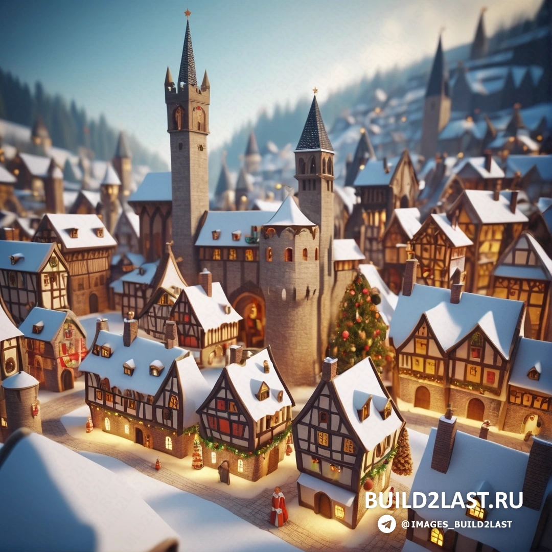 рождественская деревня с множеством домов и башней с часами с ёлкой 