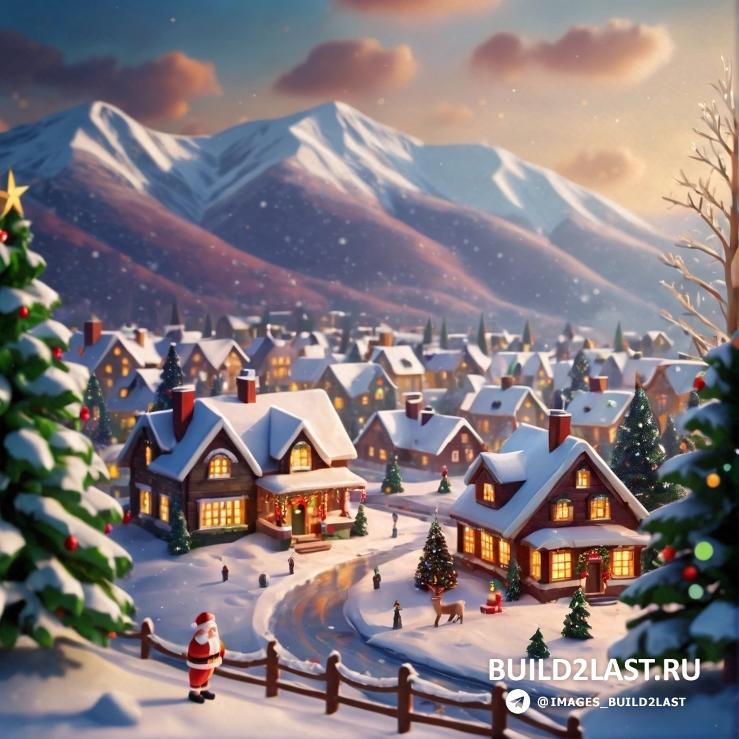 рождественская деревня с большим количеством снега и деревьев и шапкой Санта-Клауса на крыше