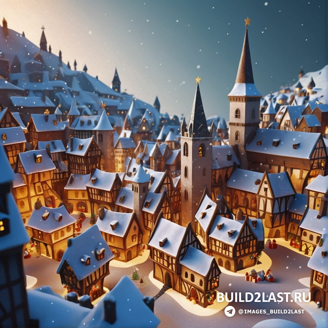 рождественская деревня с множеством домов и церковной башней посередине со снегом, 