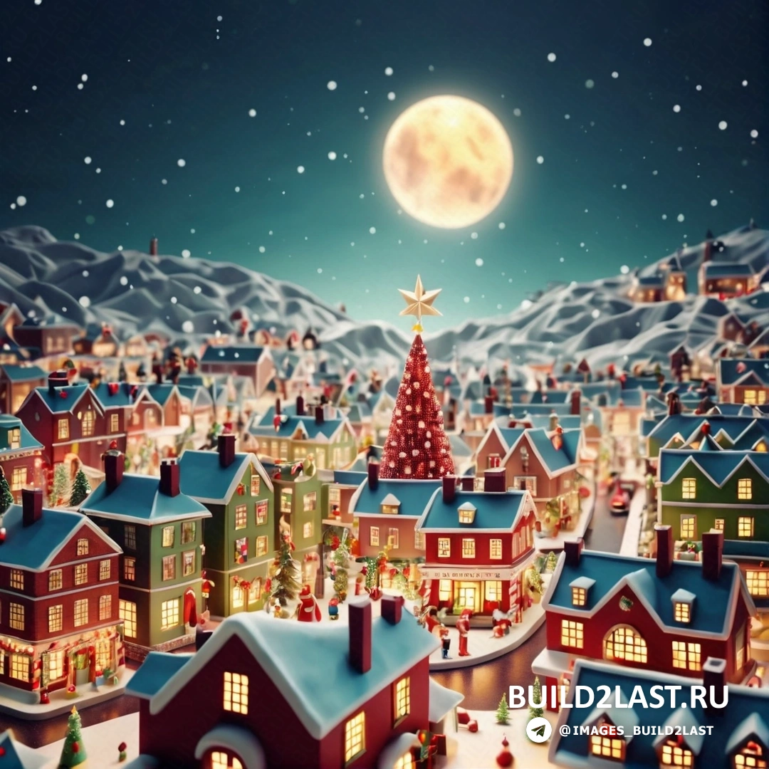 рождественская деревня с большой елкой и звездой на вершине и полной луной на небе