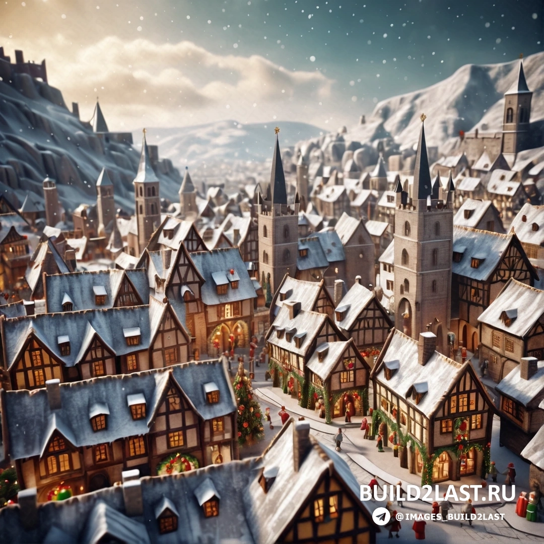 рождественская деревня с множеством домов и большим количеством снега на земле