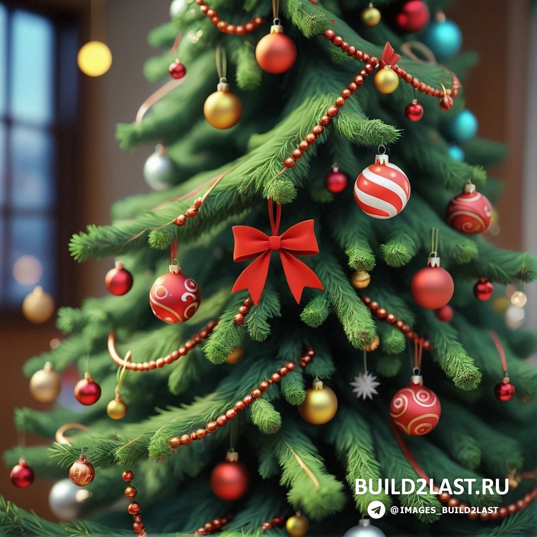 рождественская елка с украшениями и красным бантом на подставке в комнате с окном