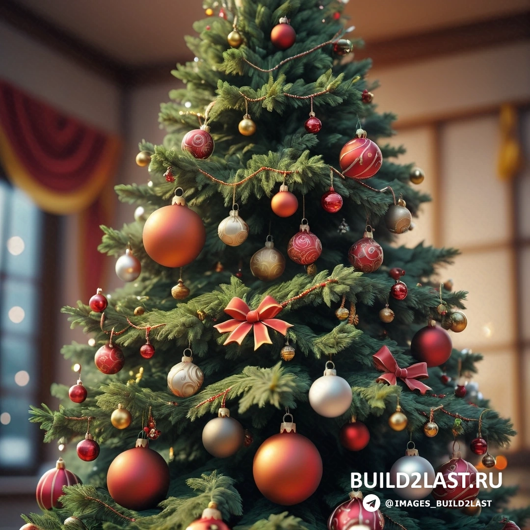 рождественская елка с украшениями и красным бантом на верхушке и окном