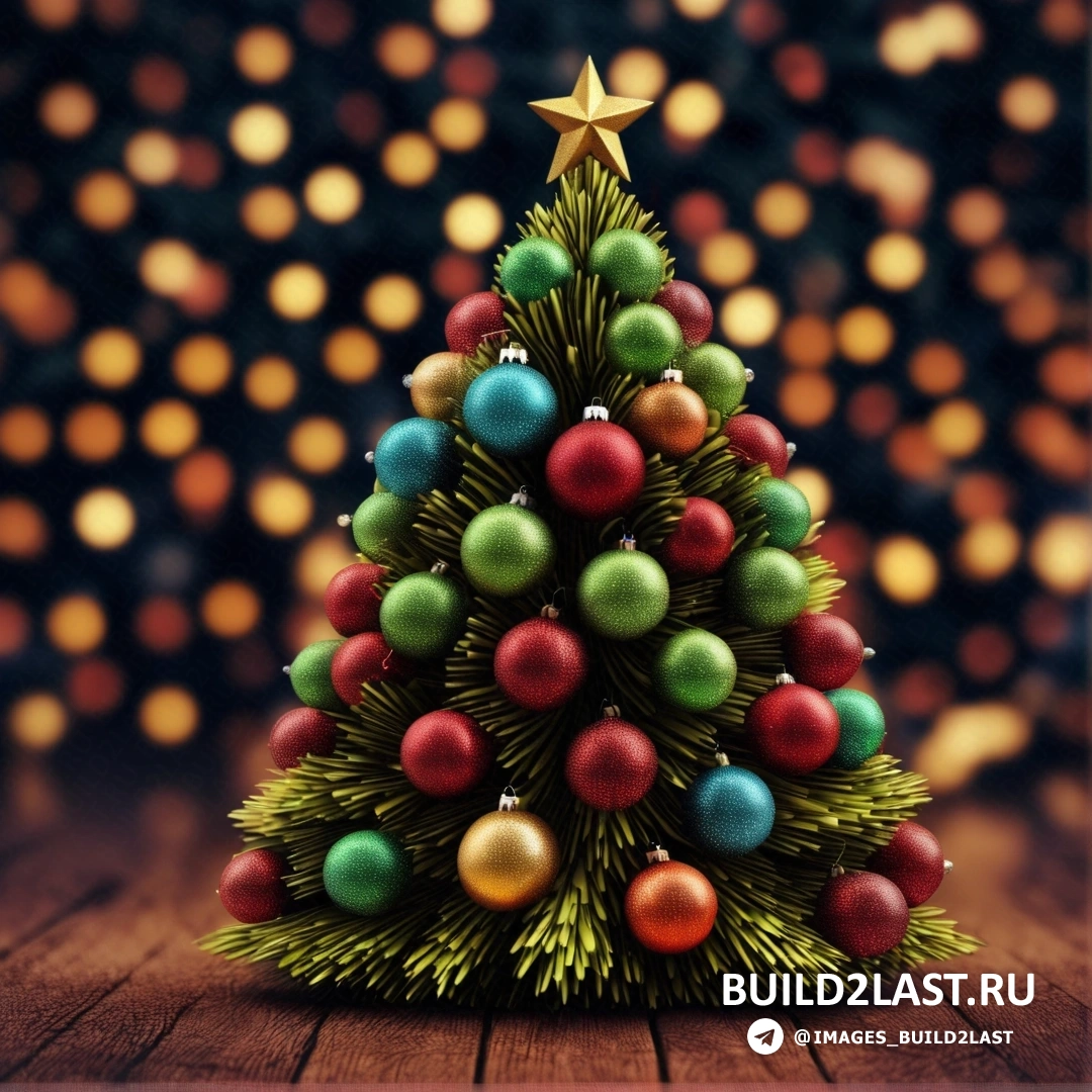 рождественская елка с украшениями на деревянном столе с размытым фоном из огней и шаров боке