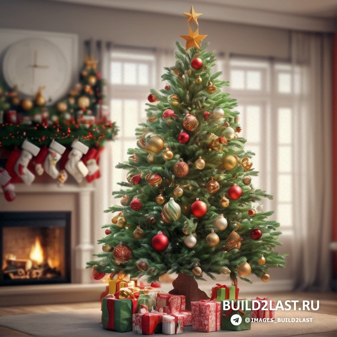 рождественская елка с подарками в гостиной с камином и рождественскими чулками на мантии