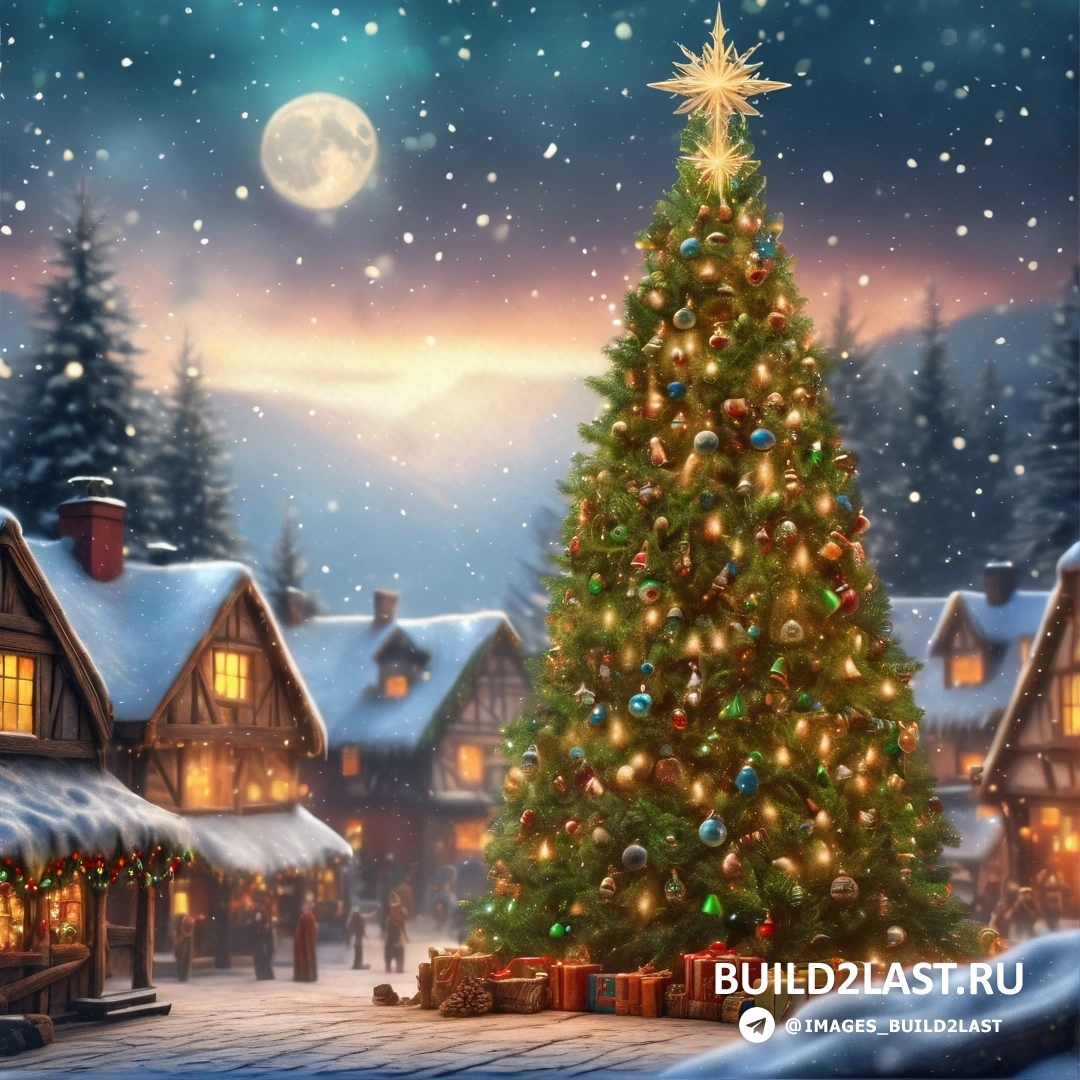 рождественская елка в заснеженной деревне с полной луной в небе