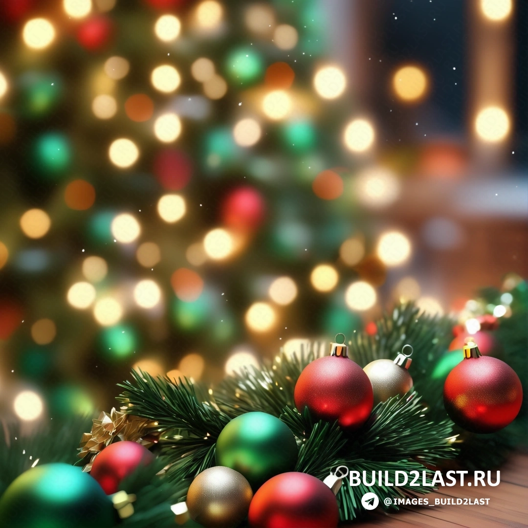 рождественская елка с множеством украшений и размытым фоном из огней