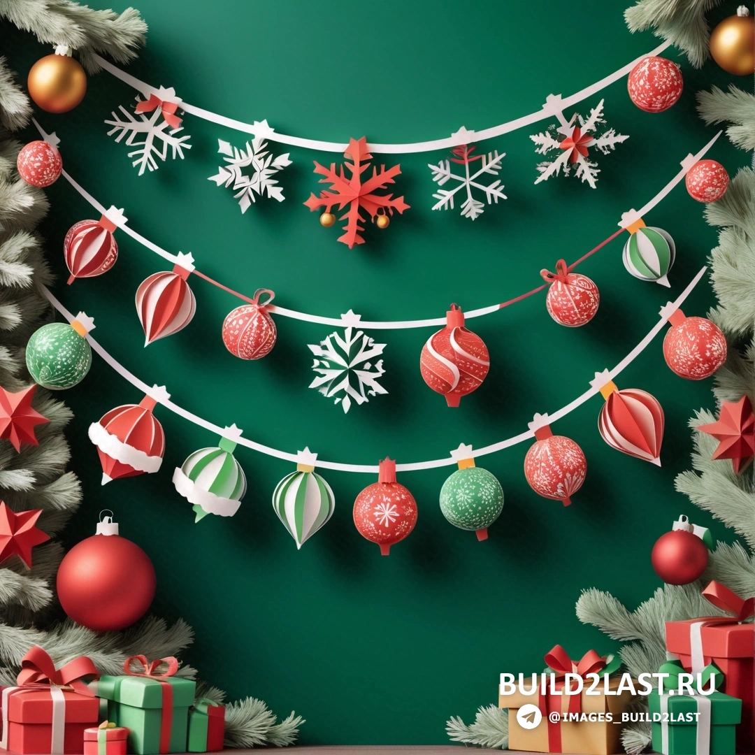 рождественская елка с подарками и украшениями и зеленый фон со снежинками