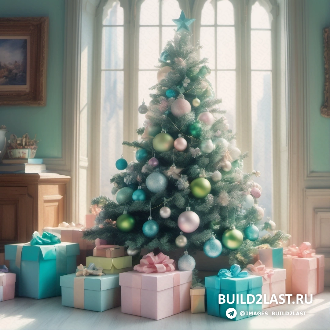 рождественская елка с подарками в комнате с окном и рамкой для фотографий на стене