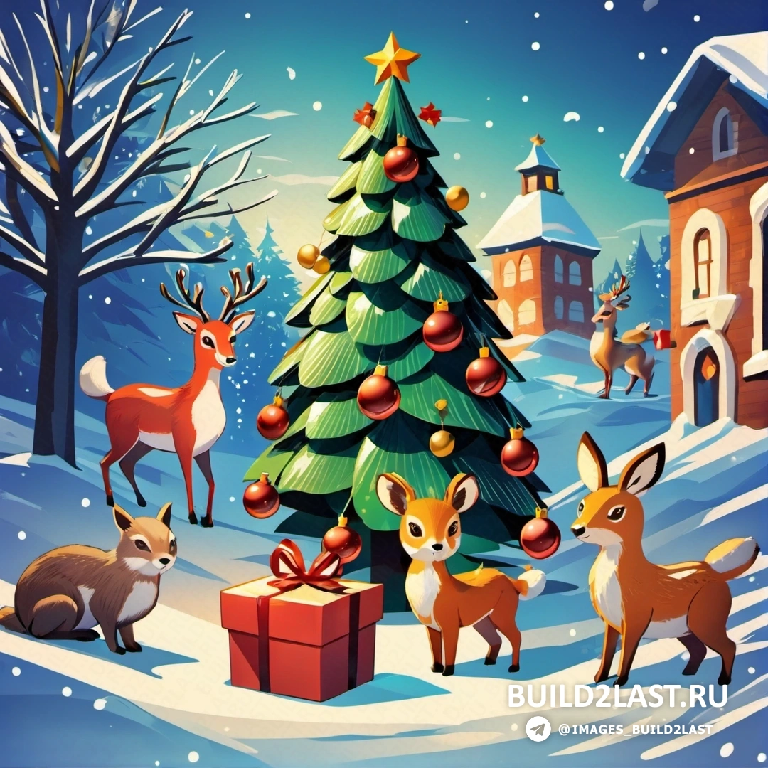 рождественская елка с оленями и другими животными в заснеженном пейзаже с домом и рождественской елкой