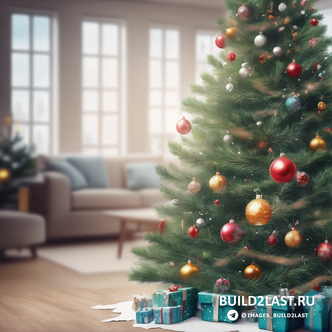 рождественская елка с подарками в гостиной с диваном и окном