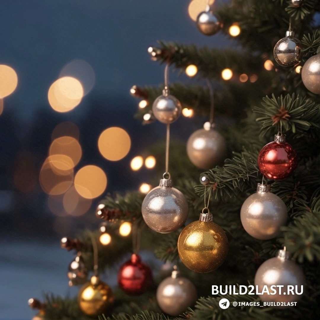 рождественская елка со свисающими с ветвей украшениями и огнями, с размытым фоном