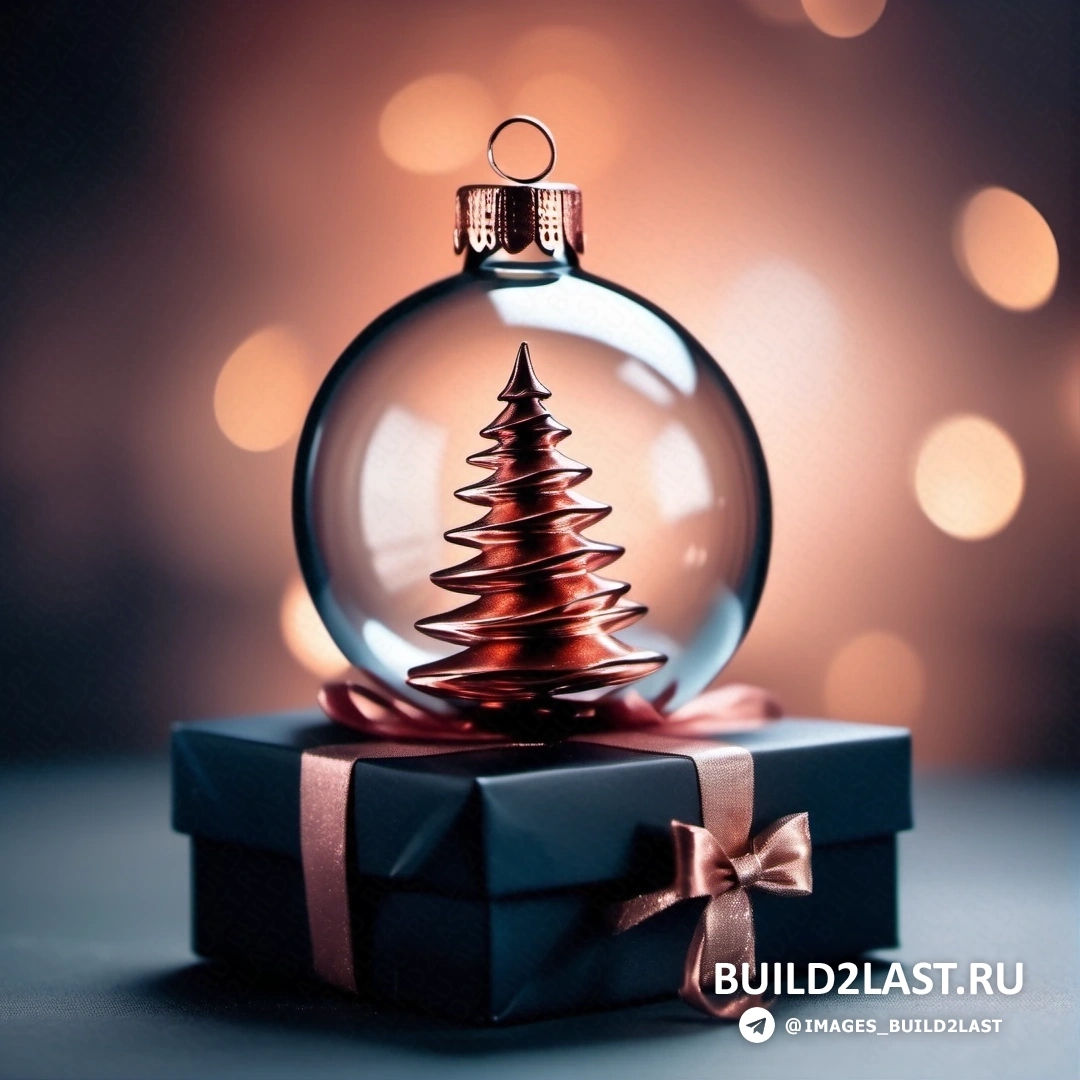 рождественская елка внутри стеклянного шара на подарочной коробке с лентой и бантом