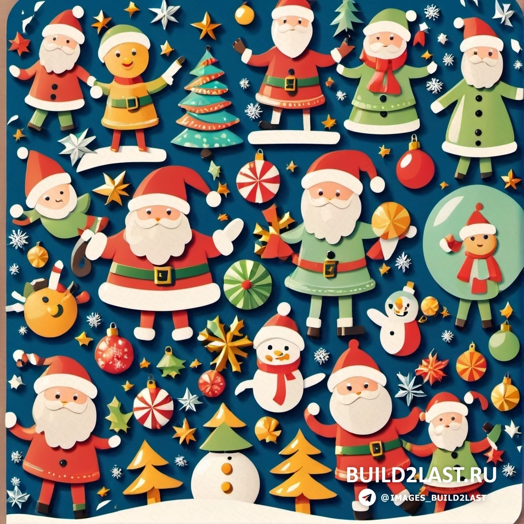 рождественская открытка с Сантой и другими праздничными украшениями