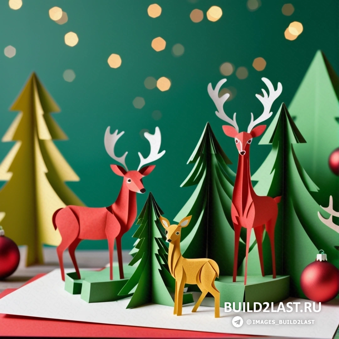 рождественская открытка с оленями и деревьями и красным шаром, свисающим с верхней части открытки
